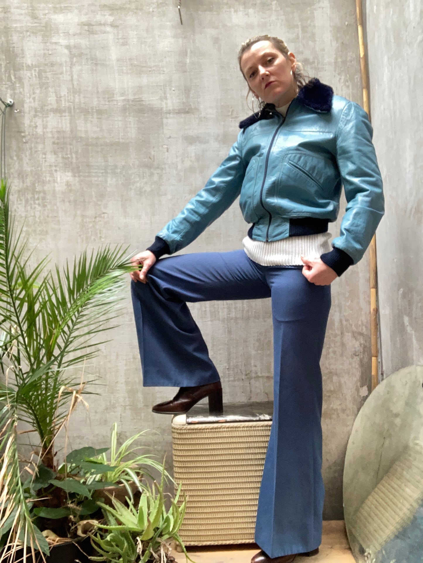Blouson cuir sportswear bleu ciel 1970